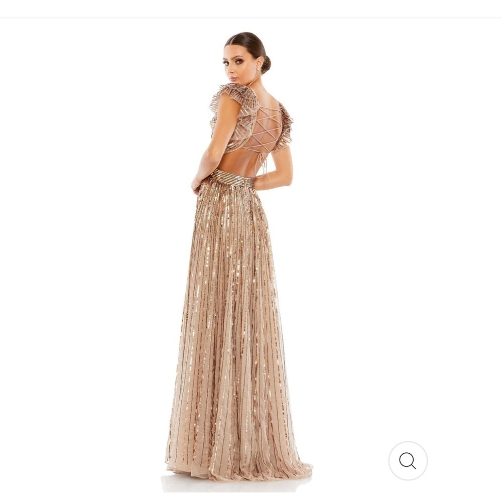 Mac Duggal 9167 Sequined Cut Out Ruffle Gown Lace Up Back Nude Gold